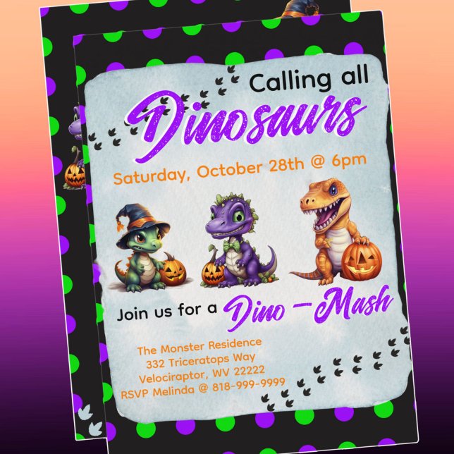 Halloween Dinosaur Dino-Mash Party Invitation (Halloween Dinosaur Dino-Mash Party Invitation with purple font)