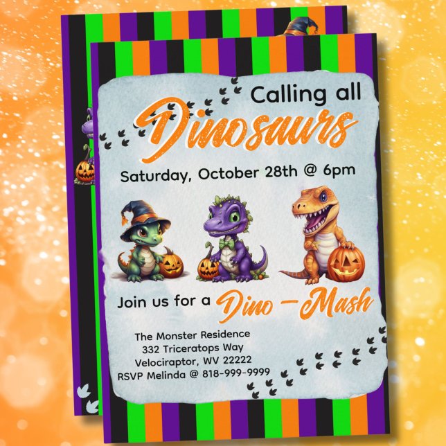 Halloween Dinosaur Dino-Mash Party Invitation (Green, Purple, Black and Orange Vertical Stripe Dinosaur Halloween Dino-Mash Party Invitation)