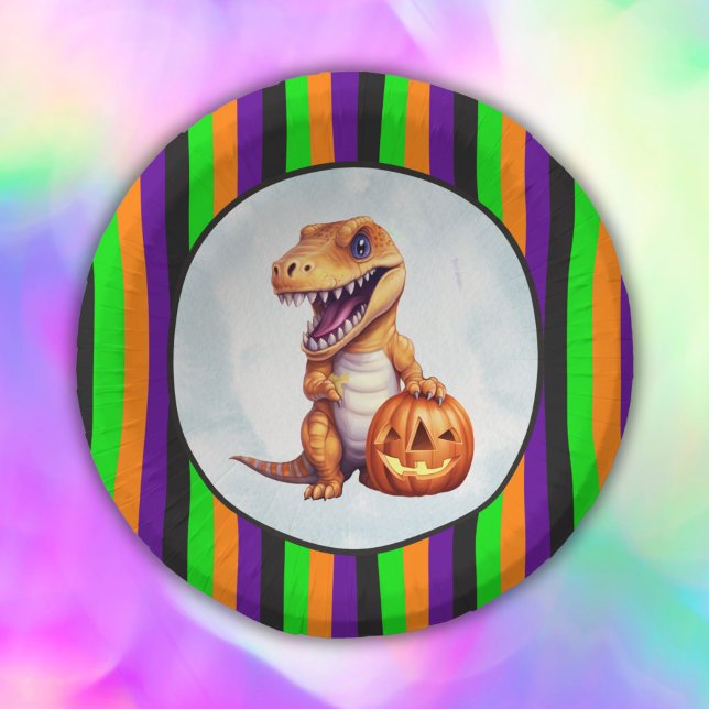Halloween Dinosaur Dino-Mash Party Paper Plate (Fun Halloween stripes and a fierce t-rex with pumpkin sets the spirit for your dino Halloween party!)