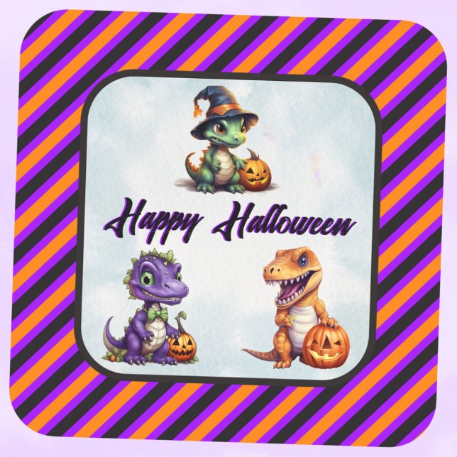 Halloween Dinosaur Dino-Mash Party Square Sticker (Purple font Halloween Dino Stickers)