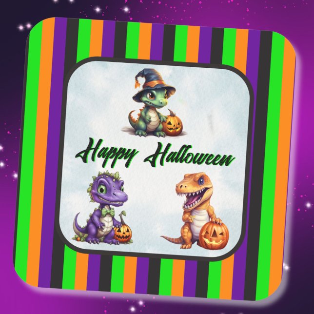 Halloween Dinosaur Dino-Mash Party Square Sticker (Dinosaur Halloween Stickers with 3 dinos!)