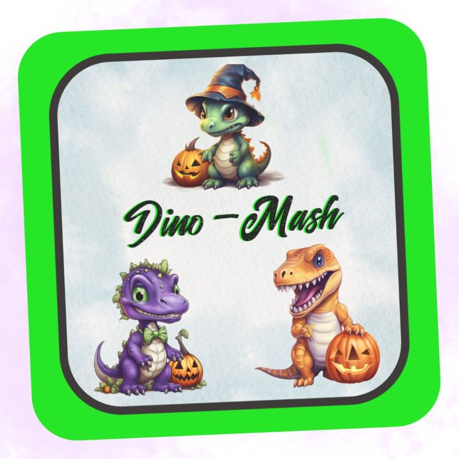 Halloween Dinosaur Dino-Mash Party Square Sticker (Green trim dino Halloween Sticker)
