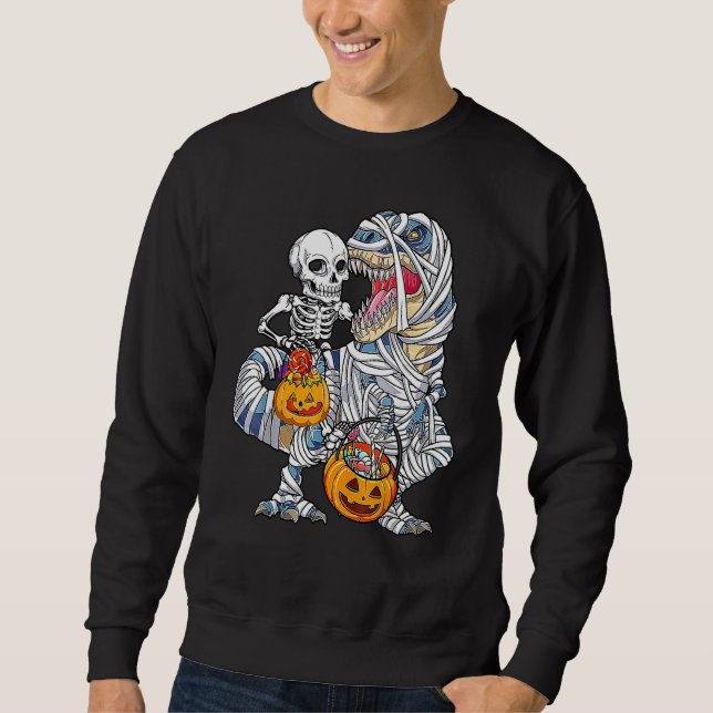 Halloween Dinosaur Rex Skeleton Riding Mummy Pumpk Sweatshirt (Front)