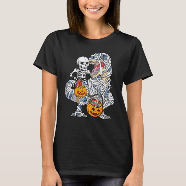 Halloween Dinosaur Rex Skeleton Riding Mummy Pumpk T-Shirt (Front)