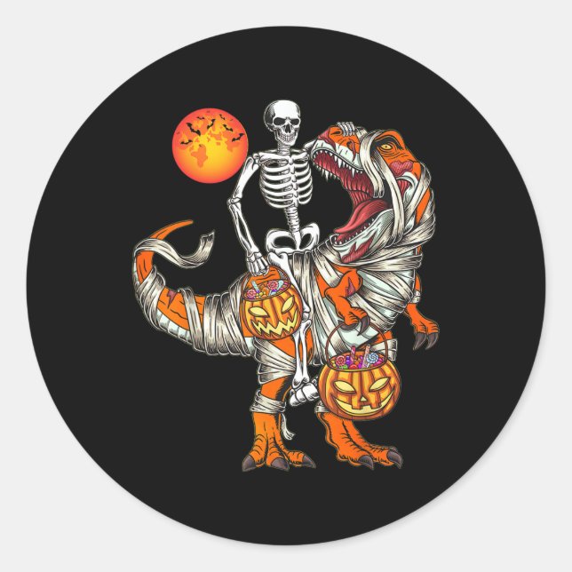 Halloween Dinosaur Skeleton T Rex Scary Pumpkin Mo Classic Round Sticker (Front)