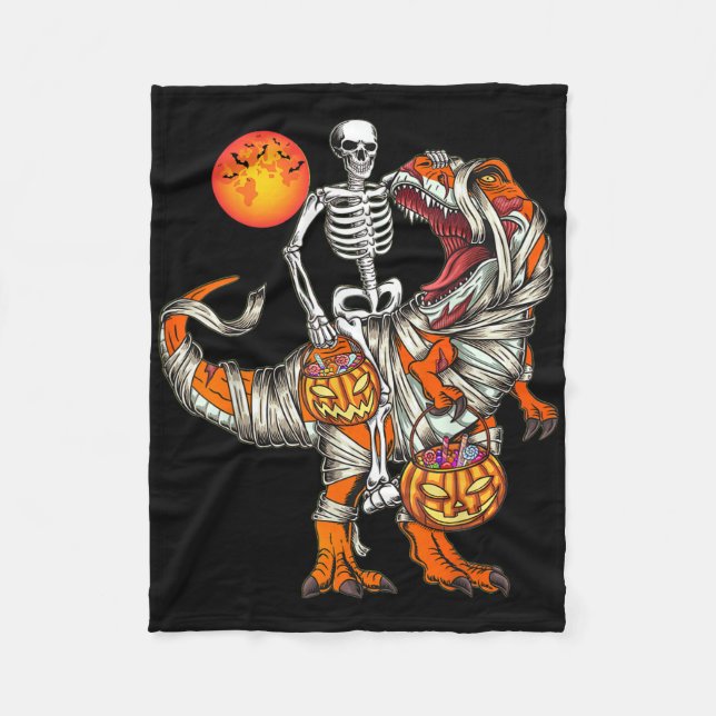 Halloween Dinosaur Skeleton T Rex Scary Pumpkin Mo Fleece Blanket (Front)
