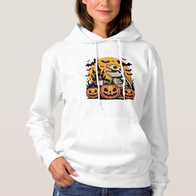Halloween Dinosaur Skeleton with Coffee Hoodie (Front)