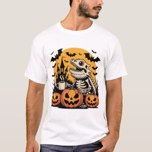 Halloween Dinosaur Skeleton with Coffee T-Shirt
