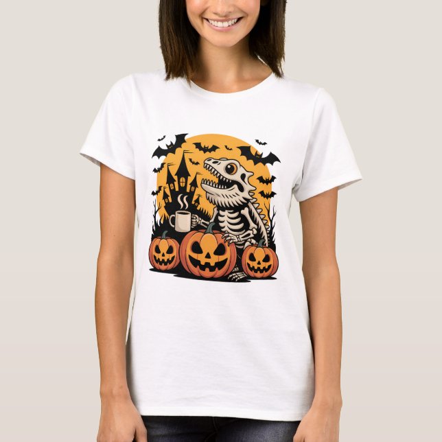Halloween Dinosaur Skeleton with Coffee T-Shirt (Front)