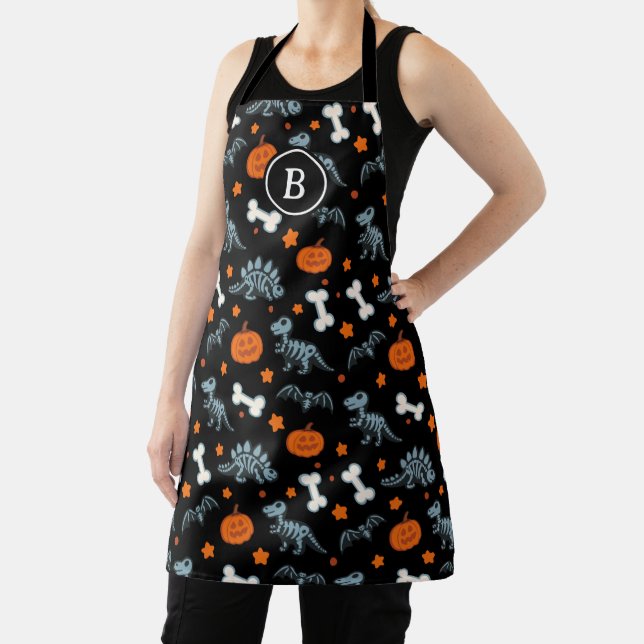 Halloween Dinosaur Skeletons Bats & Pumpkins Apron (Insitu)