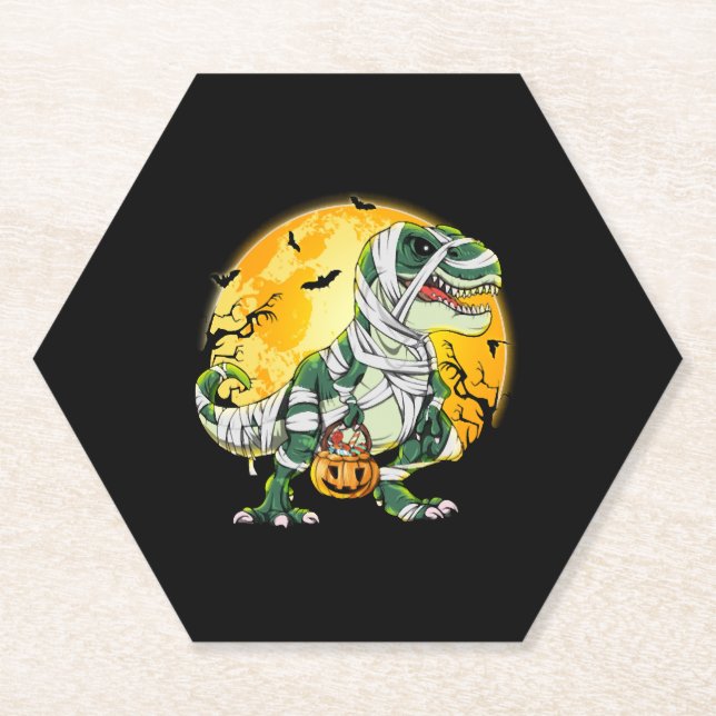 Halloween Dinosaur T rex Mummy Pumpkin Paper Coaster (Front)