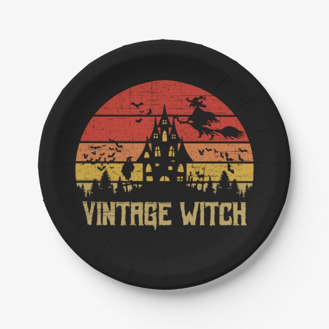 Halloween Distressed Vintage Witch Retro Sunset Paper Plate (Front)
