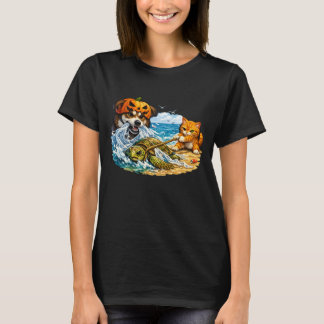 Halloween Dog and Cat Rescue a Trapped Sea Turtle T-Shirt