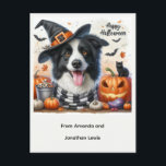 Halloween Dog From Kids Holiday Postcard<br><div class="desc">This Halloween postcard features a cute dog wearing a witches hat and Jack O Lantern pumpkins  Personalise this postcard with your kids name. This postcard can be used to handout to classmates or mailed. (ai artwork created by Susang6)</div>