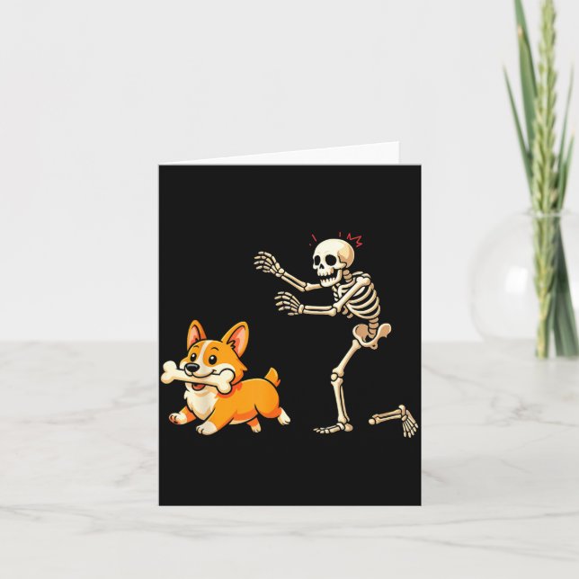 Halloween Dog Funny Skeleton Chasing Corgi Dog Card (Front)