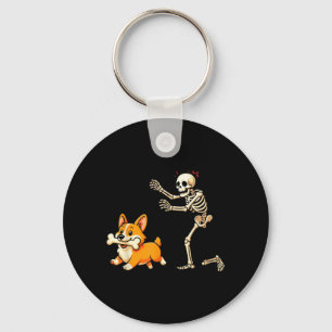 Halloween Dog Funny Skeleton Chasing Corgi Dog Key Ring