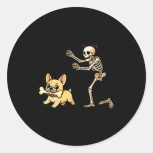 Halloween Dog Funny Skeleton Chasing French Bulldo Classic Round Sticker