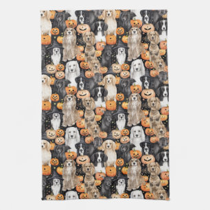 Halloween Dog Party - Cute Dog Breeds with Pumpkin Tea Towel