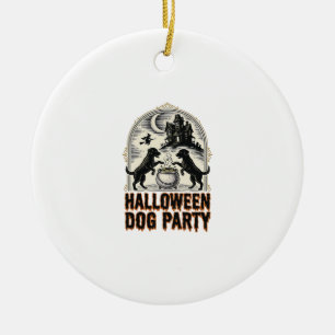 Halloween Dog Party Vintage Witch Cauldron Design_ Ceramic Tree Decoration