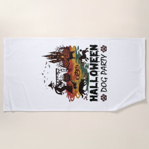 Halloween Dog Party Witch Dogs Pumpkins Castle_1 Beach Towel