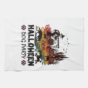 Halloween Dog Party Witch Dogs Pumpkins Castle_1 Tea Towel