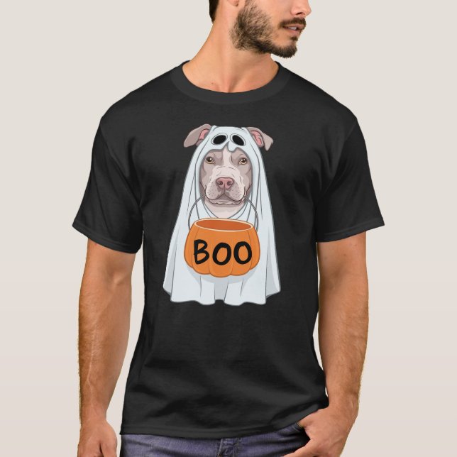 Halloween Dog Pitbull Cute Ghost Sheet Costume Boo T-Shirt (Front)