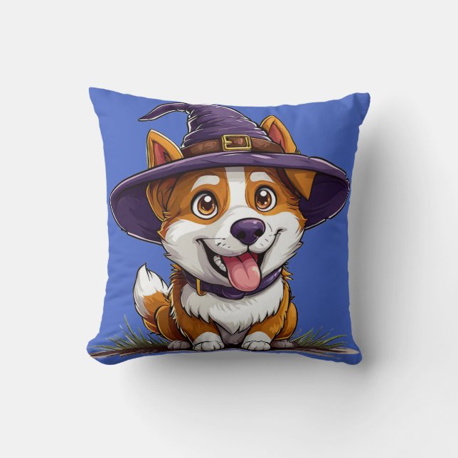 Halloween Dog Wearing a Witch Hat Cushion (Front)