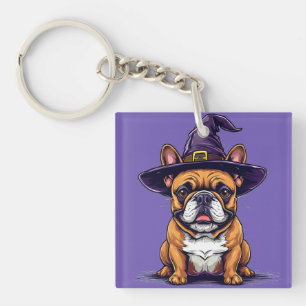 Halloween Dog Wearing a Witch Hat Key Ring