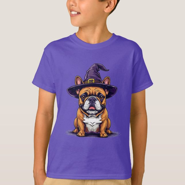 Halloween Dog Wearing a Witch Hat T-Shirt (Front)