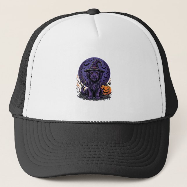 Halloween Dog Witch Pumpkin Vector Art Trucker Hat (Front)