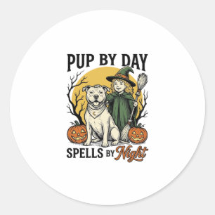 Halloween Dog Witch Shirt Vintage Engraving Pet Te Classic Round Sticker