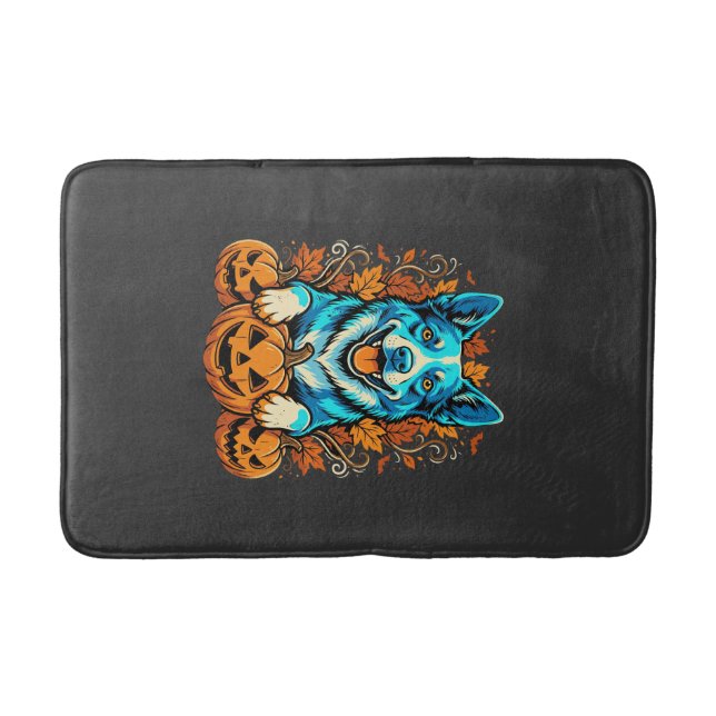 Halloween Dog With Jack O Lantern Pumpkins_1 Bath Mat (Front)