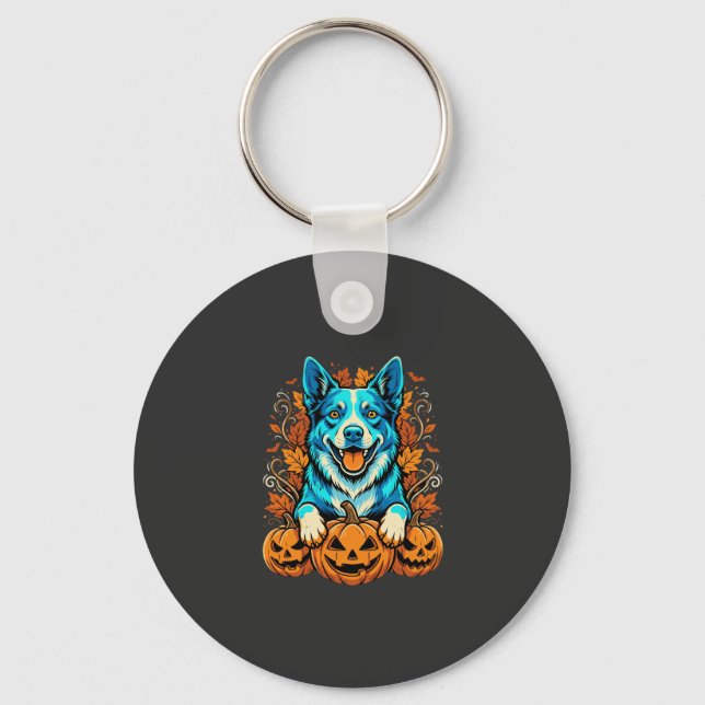Halloween Dog With Jack O Lantern Pumpkins_1 Key Ring (Front)