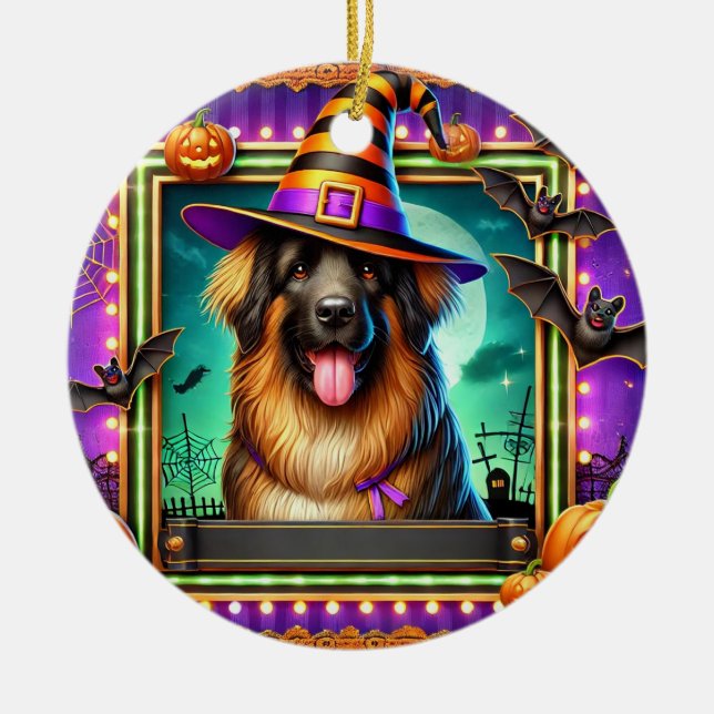Halloween Dog With Witch Hat Ceramic Tree Decoration (Front)