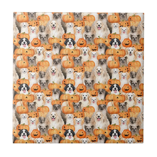 Halloween Dogs - Cute Dog Breeds with Pumpkin 2 Tile (Front)