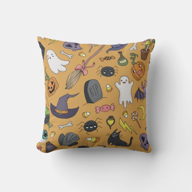 Halloween Doodle Objects Seamless Pattern Cushion (Front)