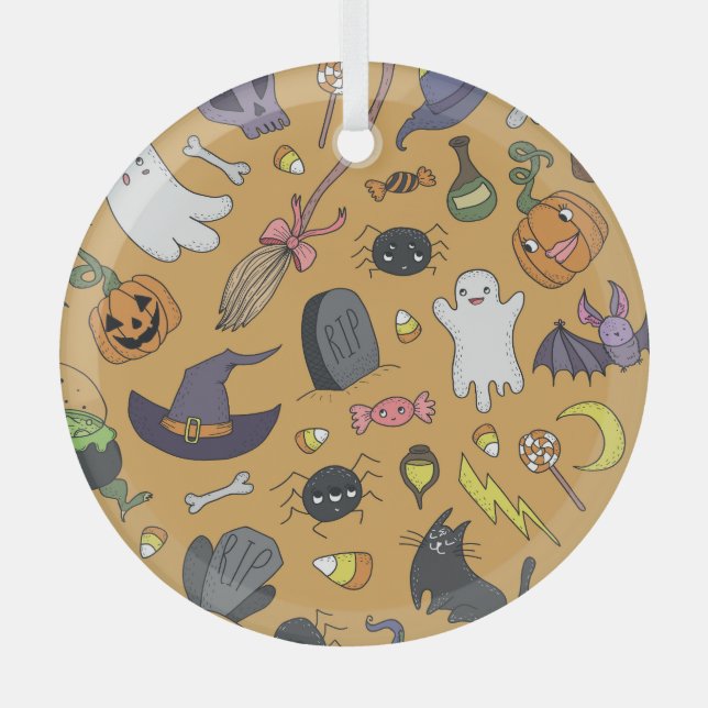 Halloween Doodle Objects Seamless Pattern Glass Tree Decoration (Front)
