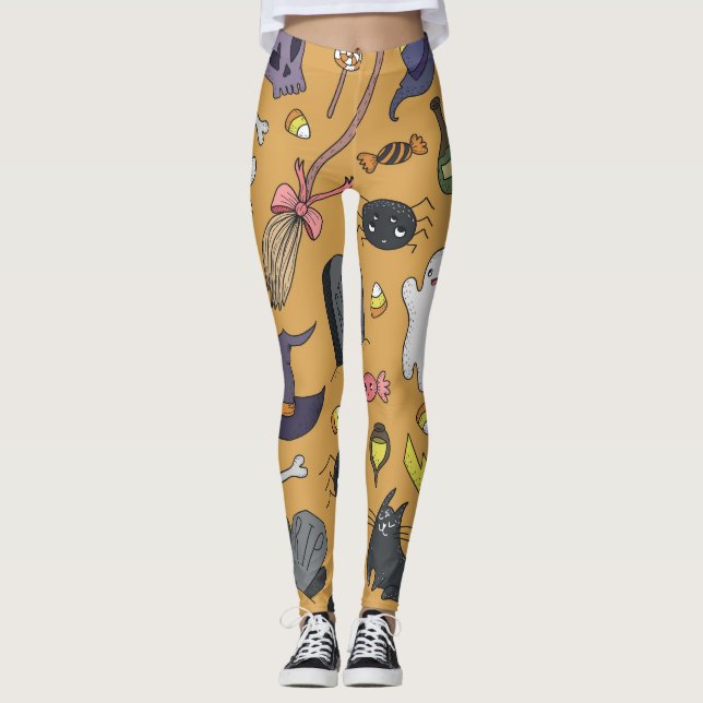 Halloween Doodle Objects Seamless Pattern Leggings (Front)