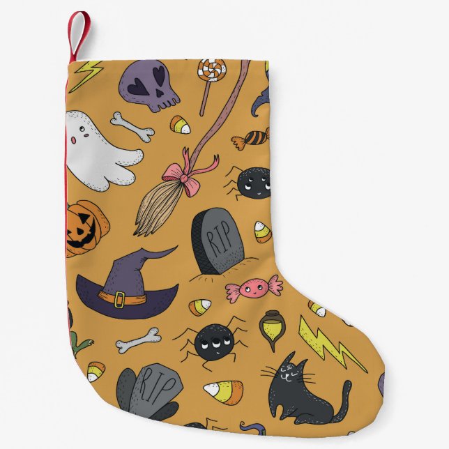 Halloween Doodle Objects Seamless Pattern Small Christmas Stocking (Front)