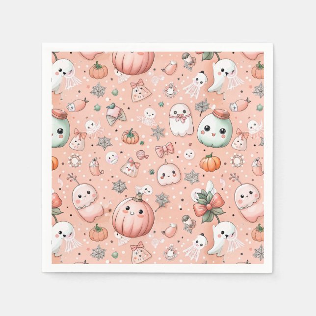Halloween Doodle Pattern with Ghosts & Pumpkins Napkin (Front)