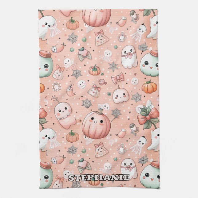 Halloween Doodle Pattern with Ghosts & Pumpkins Tea Towel (Vertical)