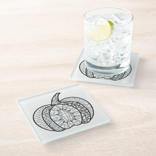 Halloween doodles boho mandala pumpkins Autumn Glass Coaster