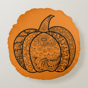 Halloween doodles boho mandala pumpkins Autumn Round Cushion