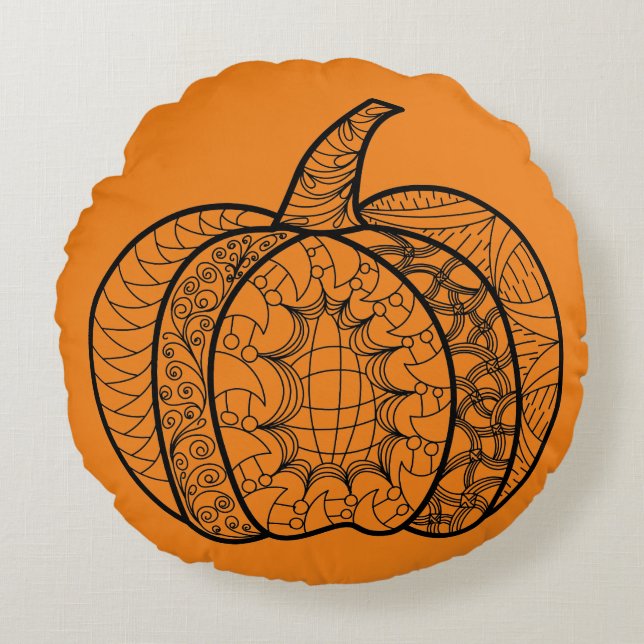 Halloween doodles boho zentangles pumpkins Autumn Round Cushion (Front)