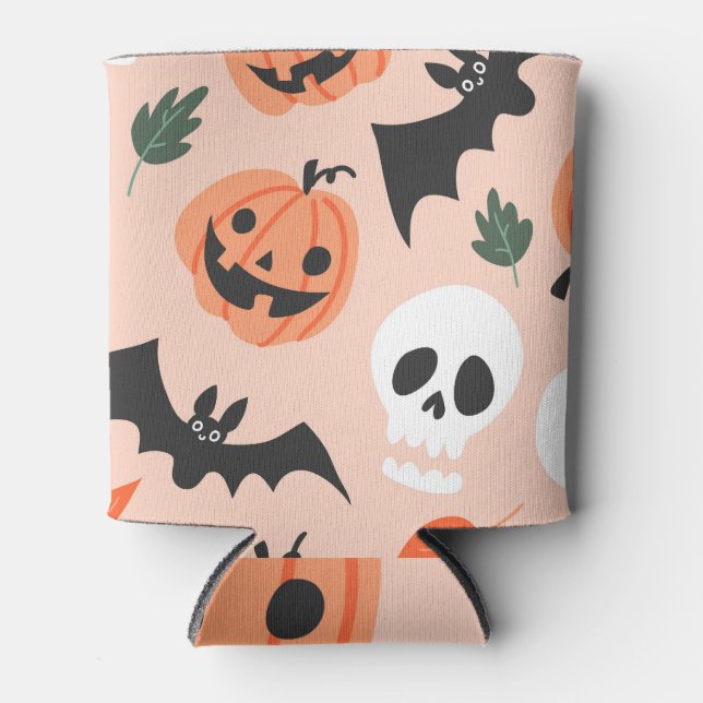 Halloween doodles, pumpkins, bats pattern. can cooler (Front)