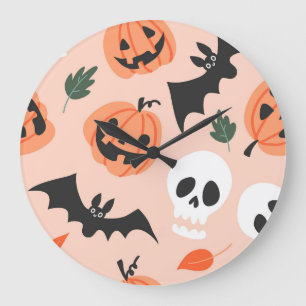 Halloween doodles, pumpkins, bats pattern. large clock