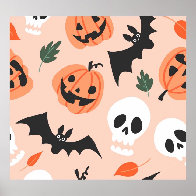 Halloween doodles, pumpkins, bats pattern. poster (Front)