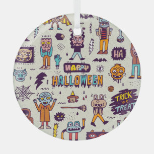 Halloween doodles, wacky cartoon seamless set. glass tree decoration