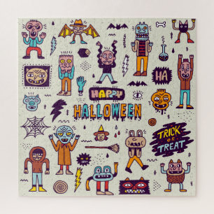 Halloween doodles, wacky cartoon seamless set. jigsaw puzzle