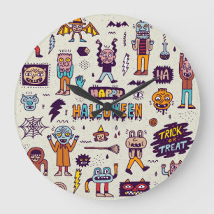 Halloween doodles, wacky cartoon seamless set. large clock
